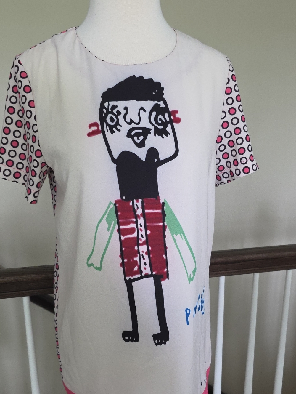 Marni White Graphic Short-Sleeve Top with Pink Dot Sleeves